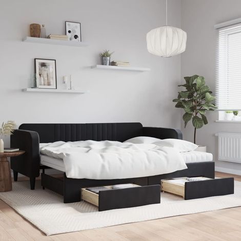 Lit gigogne,Lit Adulte,Lit de jour avec gigogne et tiroirs noir 90x200 cm velours CIV811632 (1/5)