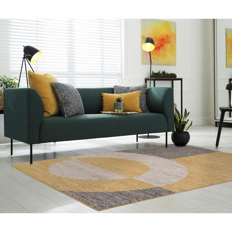 Modern Halo Rug for Living Room, Bedroom, Kitchen, Lounge Bold Geometric Design Ochre Grey Soft Rug in X-Large 200x290 cm (6'7"x9'6") (1/4)