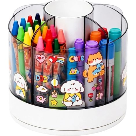 Drehbarer Stiftehalter mit 6 Fächern  Abnehmbarer Schreibtisch-Organizer, drehbarer Stiftehalter mit Aufklebern, Weiß für Büro, Zuhause und Schule, platzsparend (1/4)