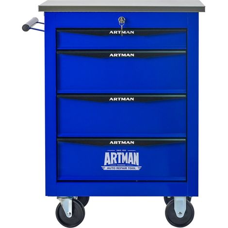 Chariot à outils roulant métal 4 tiroirs, toit acier inox, noir et bleu - Mobile pour garage, atelier, réparation 56,6x34,5x78cm (1/5)