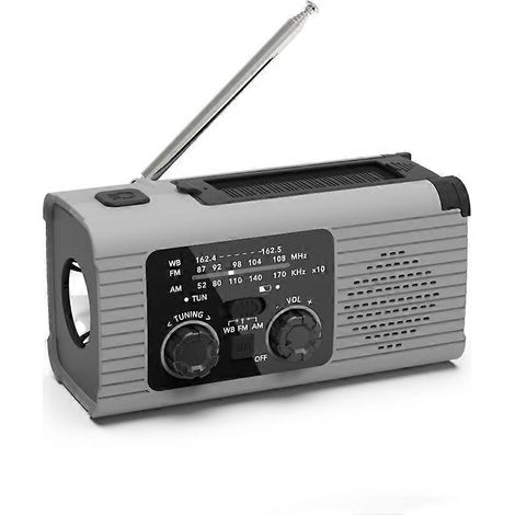 Radio météo d'urgence, batterie 4000 mAh, recharge solaire, manivelle et USB, radio AM/FM - Grise (1/5)