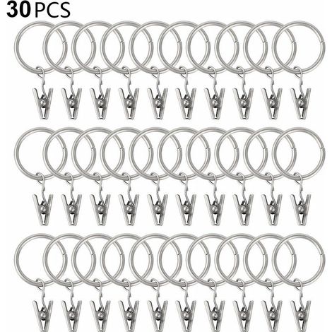 30 anneaux de rideau PCS avec pinces, pinces à draperie solides, crochets sur support de tige de tension, diamètre intérieur oeillets en métal rideaux décoratifs cintres de fenêtre, argent (1/5)