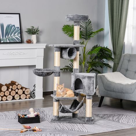 Árbol para gatos con rascador, hamaca, camas colgantes y postes de cuerda de sisal, gris, 60x40x154cm