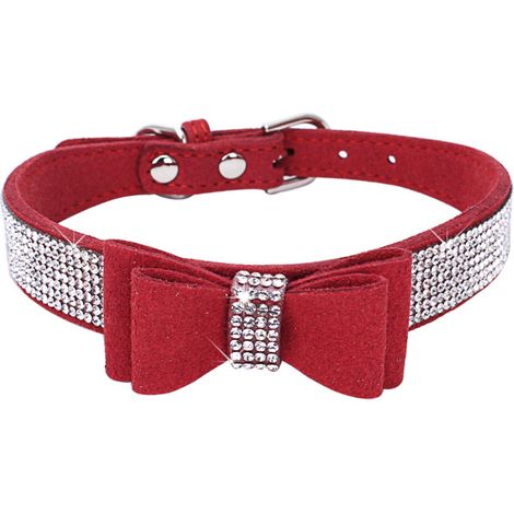 Collier Pour Chien - En Cuir Velours Souple Avec Strass Dorés Et Nœud - Ajustable 20-26 cm - Taille XS Pour Chiens de 3 à 5 kg (1/5)