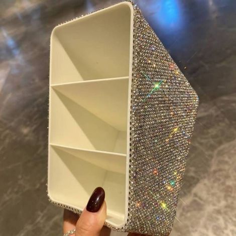 1pc Boîte Organisatrice de Maquillage à 3 Niveaux Incrustée de Strass de Luxe – Rangement Élégant en Plastique Blanc pour Pinceaux (1/4)