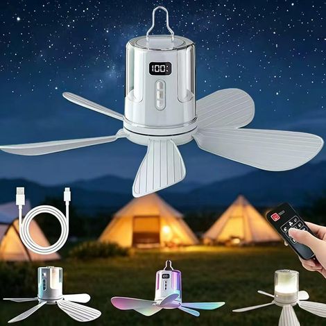 Portable Ceiling Fan, Ceiling Fan with Light and Remote Control, with LED Light, Timer, USB Rechargeable, Adjustable Speed, Quiet, Camping Fan (40cm-10800mAh) (1/5)
