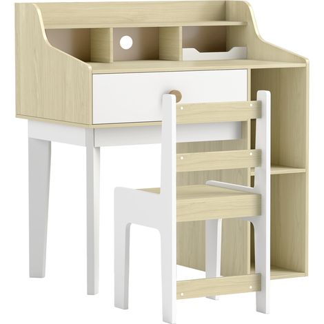 Kinder-Schreibtisch- und Stuhlset aus Holz mit Ablage und Schublade, für Kinder von 3 bis 10 Jahren, Weiß und Holz