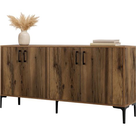 Pollein Sideboard, Anrichte 2 Regale, 4 Türen, 4 Fächer, 180x35x78h cm Nussbaum Braun