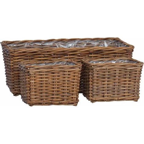 Ensemble de trois paniers jardinières Kub en rotin tressé marron avec fonction de rangement (1/5)