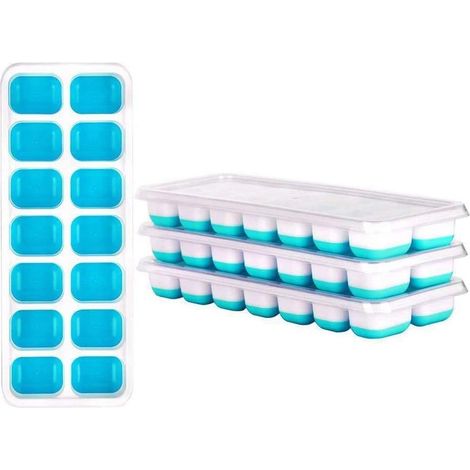 4 Bac à glaçons, Silicone, 14 compartiments, Couvercle, Empilable, Whisky, Cocktail (1/5)
