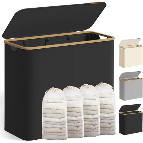 Cesto portabiancheria con coperchio, 4 scomparti, 200 L, sacco removibile, tessuto Oxford, manici in bambù, pieghevole, 78 x 38,5 x 70,5 cm, nero inchiostro LCB514BH01