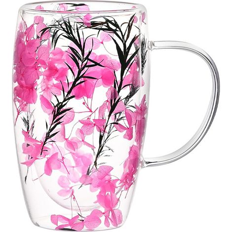 Gobelet double paroi en verre borosilicate 450ml Herbe Rose motif pétales fleurs séchées design créatif pour café maison (1/4)