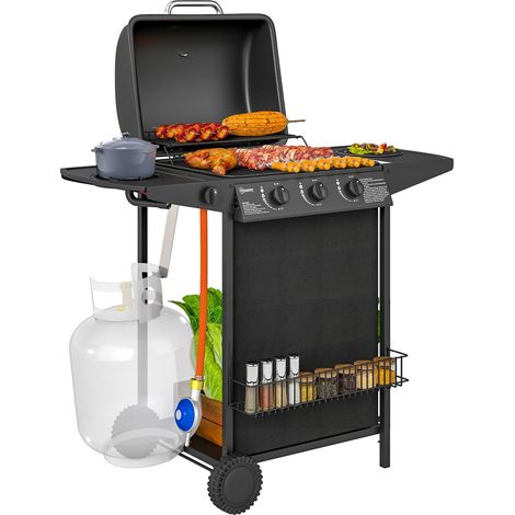 Barbecue à gaz à trois brûleurs avec brûleur latéral, couvercle thermomètre, grille et table d'appoint, avec roues, dimensions : 108 x 54 x 97 cm, noir. (1/5)