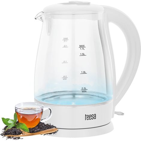 Hervidor eléctrico inalámbrico Teesa, de vidrio, blanco, 2200 W, 1,7 L (1/5)
