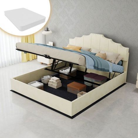 Lit Coffre 160x200cm Velours Beige avec Grand Rangement Pratique - Lit Capitonné - Tête de Lit Cloutée Sommier Inclus Design Moderne