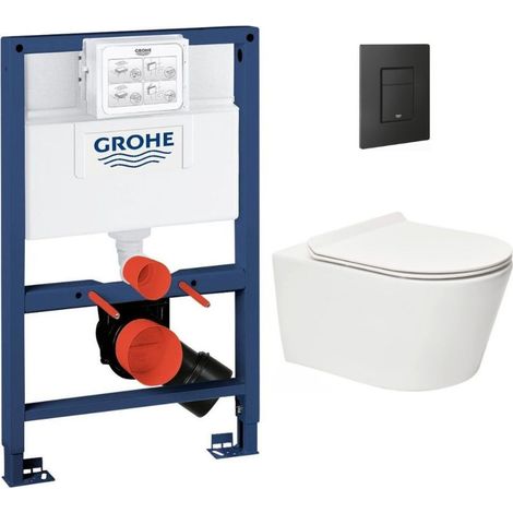Grohe Toilettenset mit Rahmen Rapid SL + spülrandlose Toilette SAT Brevis + mattschwarze Platte (RapidSL082-Brevis-KF0)