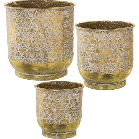 Cache-pot métallique floral pour charme intérieur - Doré avec motifs floraux blancs