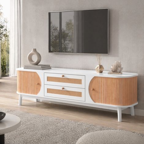 Mueble TV 170 x 39,5 x 46 cm con puertas y cajones, blanco y madera DESVIAE (1/5)