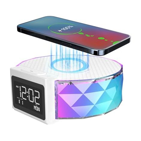 Wecker mit 15-W-Schnellladefunktion, digitaler Wecker mit Nachtlicht fürs Schlafzimmer, 5-farbiges RGB-Nachtlicht, Schlummerfunktion, 8 Musikarten mit Kabel (weiß)