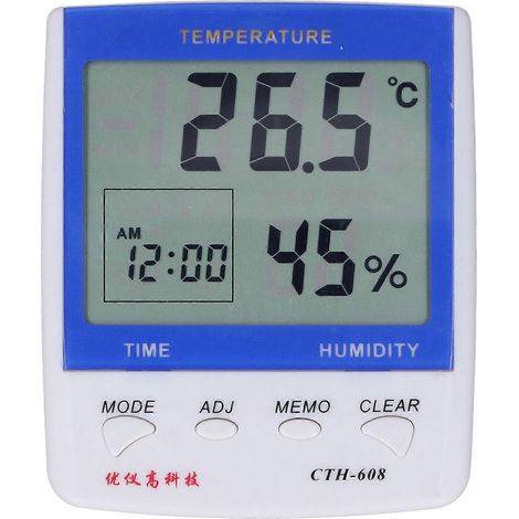 Thermometer, Hygrometer, Temperatur- und Feuchtigkeitsmesser mit Digitalanzeige, elektrische Uhr für Zuhause