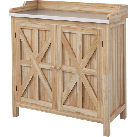 Table de rempotage armoire de rangement avec 2 étagères, plateau galvanisé patins antidérapants en bois sapin (1/5)