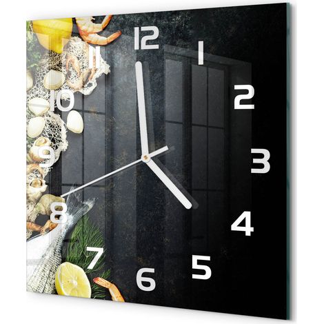 Horloge Murale Carrée Sans Cadre en Verre Trempé Silencieuse et Moderne Fruits de mer 30x30 cm (1/5)