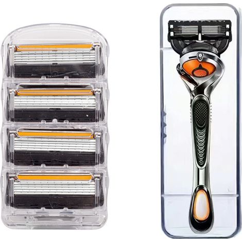 rasoir electriques hommes-Cartouche rasoir 5 lames interchangeable avec manche - pour rasage confortable hommes (4 têtes orange/noires + 1 manche + socle rangement) (1/2)