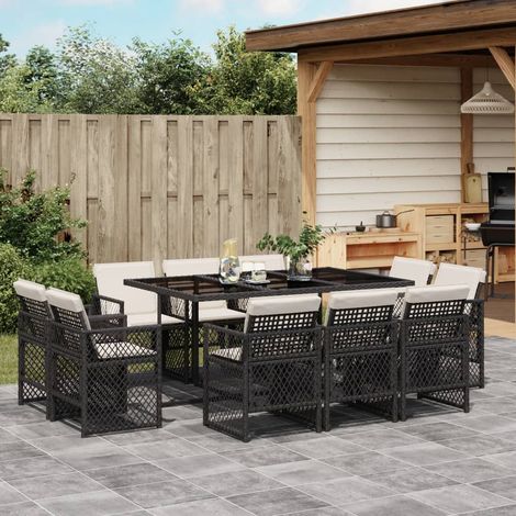 Set de comedor jardín 11 pzas con cojines ratán sintético negro vidaXL (1/5)