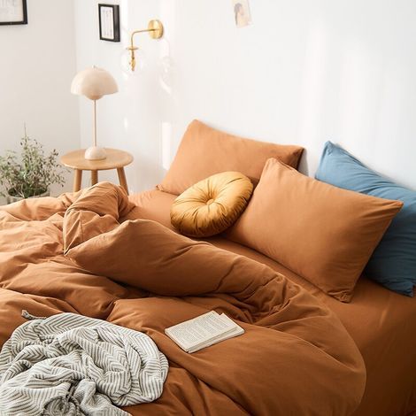 Housse de couette en coton tricoté 200x230cm cm coton lavé marron caramel couleur unie - housse de couette aspect froissé naturel (1/3)