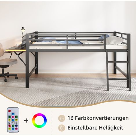 Lit plat,140 x 200 cm,lit en métal,sans matelas,rambarde,échelle,bureau,bande lumineuse LED télécommandée,noir-De