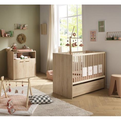 Chambre bébé duo - Lit 120 x 60 cm + Commode 2 portes et une niche - Adele - Hetre/creme- SAUTHON (1/5)