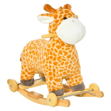 2-in-1 Kids Plush Rocking Giraffe Toy with Wheels, Wooden Base, Animal Sounds, Perfect for 3-6 Year Olds.