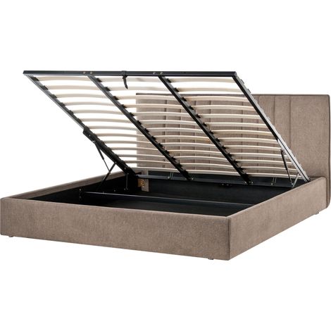 Bed Frame Taupe Fabric Upholstery EU Super King Size 6ft Lift Up Storage with Headboard and Slatted Base TARASCON