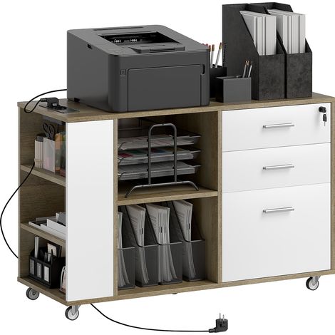 HOMCOM cajonera de oficina con ruedas 3 cajones cajonera para escritorio con estación de carga cerradura y estantes 100x40x65,5 cm marrón grisáceo