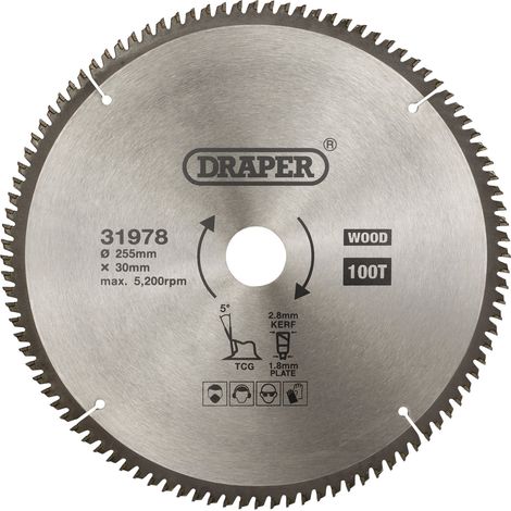 Draper TCT Triple Chip Grind Circular Saw Blade, 255mm Diameter, 30mm Arbor, 100 Teeth, Multi-Purpose for Wood and Metal Cutting (1/5)