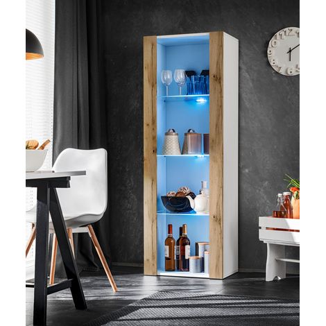 Vitrine armoire Tivoli – Largeur 55cm x Hauteur 159cm x Profondeur 35cm – Panneaux laminés résistants – 3 étagères en verre avec éclairage LED