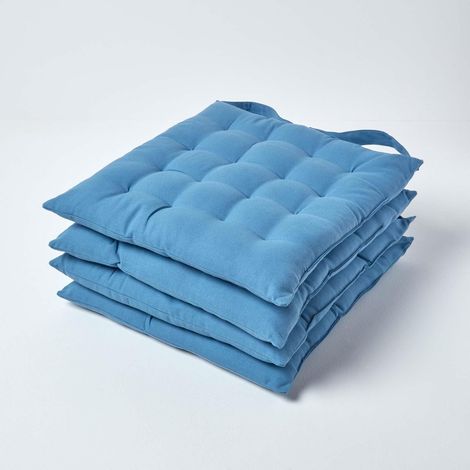 HOMESCAPES Airforce Blue Plain Seat Pad with Button Straps, 40 x 40cm, Set of 4
