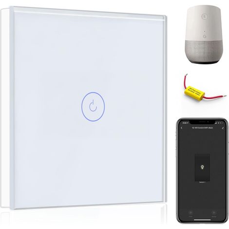 Interrupteur Connecté WiFi,Interrupteur tactile 1 Gang 1 Voie,Interrupteur Intelligent avec Écran Tactile Blanc (aucun fil neutre requis) (1/5)