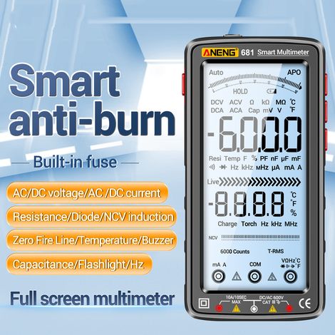 GARRYFIZH ANENG 681 6000 COMPTE Multimètre numérique Smart Anti-brûlant Rechargeable METTRE UNIVERSE TESTER NCV TESTER 5 pouces LCD LCD avec lampe de poche rétro-éclairée pour la tension Capacité de r (1/5)