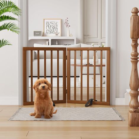 Barrière de Sécurité pour Chien Modèle d'Intérieur à 2 Panneaux sans Perçage d'une Hauteur de 61 cm et d'une Largeur de 94 cm Elle Est Livrée avec 2 Supports Métalliques(Noyer) (1/5)