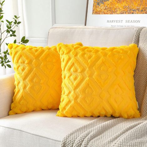 Lot de 2 Housses de Coussin Décoratives en Velours Court Laineux Moelleux Luxe Moderne Canapé Chambre - Motif Diamant Jaune Doré, 45 x 45 cm (1/5)