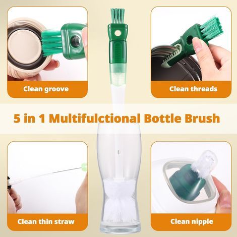 Nouveau Set de Brosses de Nettoyage Multifonction 5 en 1 pour Bouteilles d'eau, Pailles et Petits Espaces - Ensemble de Brosses Premium 2025 (Vert)