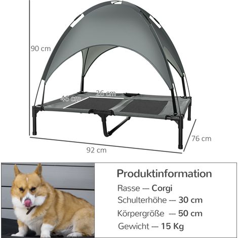 Lit surélevé pour chien avec auvent, couchage pour animaux, transat d'extérieur pour chien avec toit, respirant, en taffetas pour le camping, gris, 92 x 76 x 90 cm (1/5)