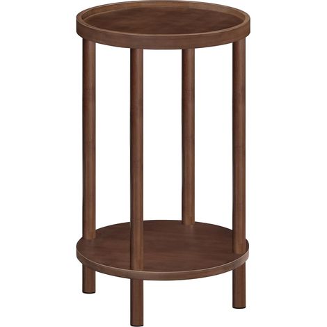 Table d’Appoint Ronde en Bambou, Bout de Canapé à 2 Niveaux, Table de Chevet avec Rebord, pour Petits Espaces, Salon, Chambre, Couloir, Entrée, Brun Rouge Foncé (1/5)