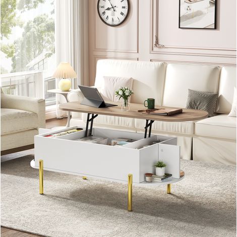 Table basse relevable 120 x 50 x 43 cm avec rangement caché, MDF, blanc (1/5)