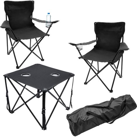 Camping Sitzgruppe schwarz 1x Tisch + 2x Stuhl mit integrierten Getränke Haltern - 3-teilig - Garten Tischgruppe mit Klappstühlen bis 120 kg