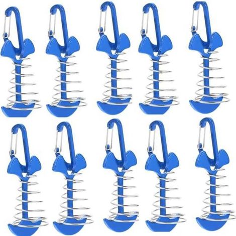 Lot de 10 ancres coupe-vent en alliage d'aluminium avec boucle à ressort, pour camping en plein air, portables, bleues (1/5)