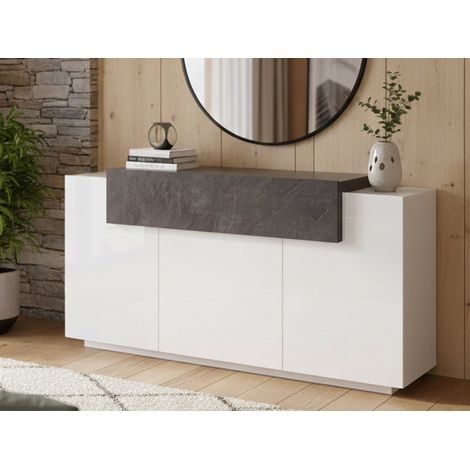 Dmora Modernes 4-türiges Sideboard mit Klappe, Made in Italy, Küchen-Sideboard, Wohnzimmer-Design-Buffet, 160x45h86 cm, Farbe Weiß glänzend und Aschgrau (1/4)