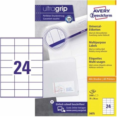 Universaletikett ultragrip 70 x 36 mm (B x H) nicht wieder ablösbar Papier weiß 2.400 Etik./Pack. (1/5)