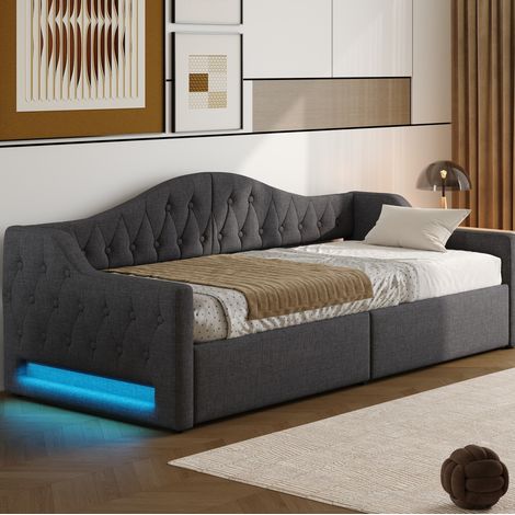 Bettsofa 90x200 cm modern gepolstert in Grau, MDF & Sperrholz, mit Kopfteil/Seitenteilen, LED 7 Farben und Stauraum (1/5)